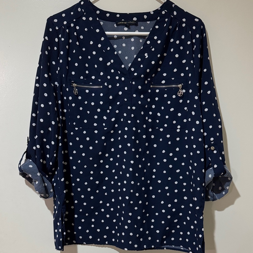 Adrienne Vittadini Navy and White Polka Dot Blouse